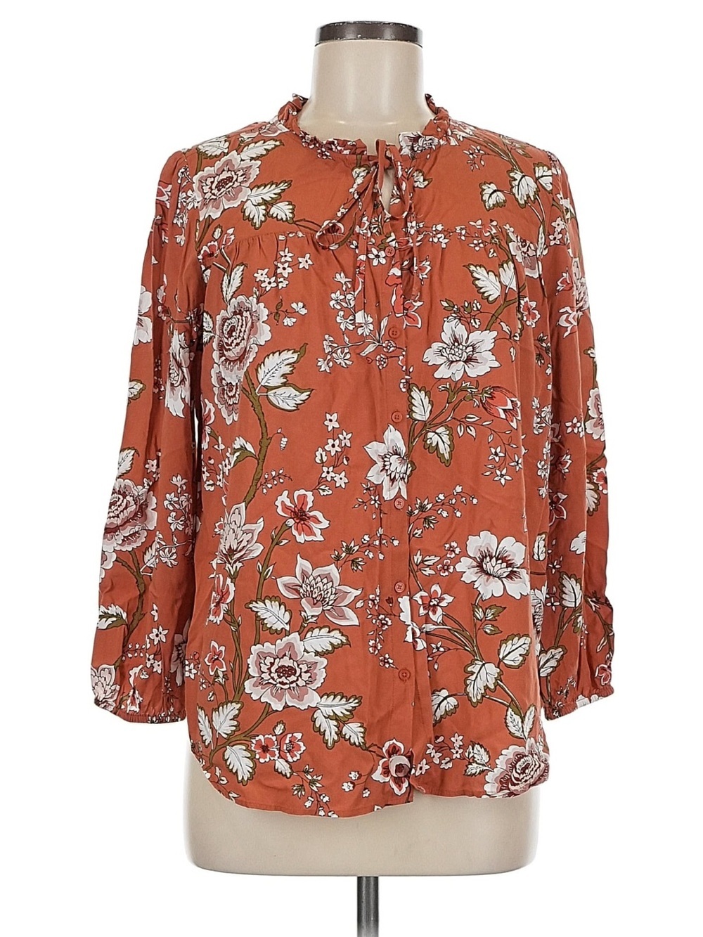 Loft Women's Size Large Petite Blouse Orange White Floral Button Down Ruffle‎